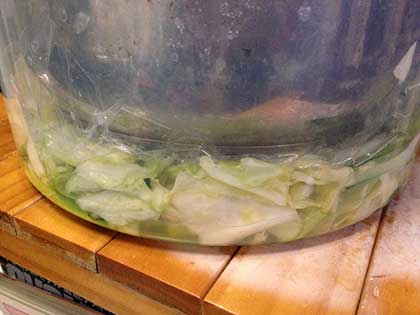 キャベツと小松菜を塩もみした後、鍋を重しにした